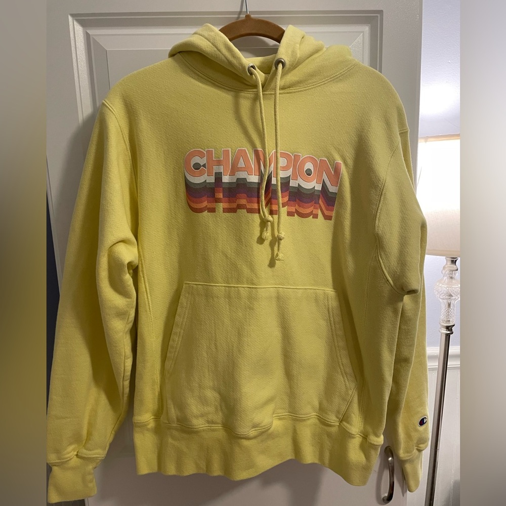 Champion 90s Reverse Weave Ink Shadow Cadmium Yellow Hoodie Sweatshirt Sz Small